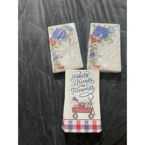 2 Pioneer Woman Red White Blue Floral Patriotic Paper Napkins + Bonus 22 Napkins